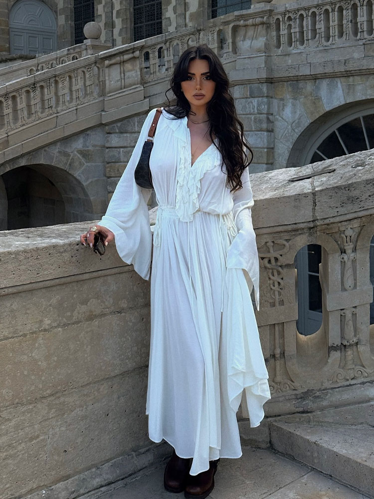 HH – robe longue blanche pour femmes, col en v, manches longues, bord à volants, décoration à lacets, Style plage, été