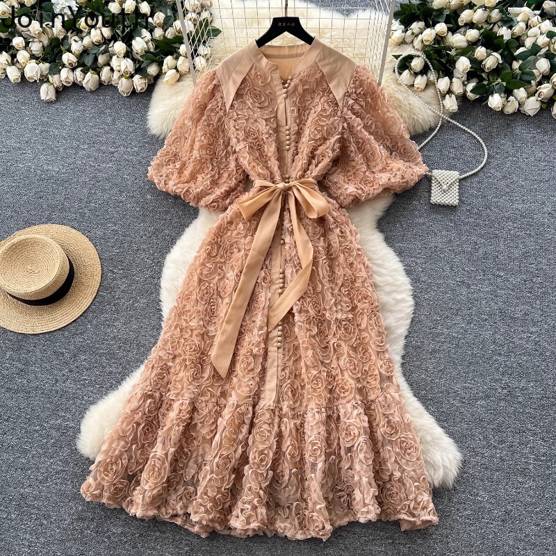 Femme élégante robes lourd 3D Floral doux Chic Robe Femme taille mince simple boutonnage pansement Maxi Robe 2025 robes De Mujer