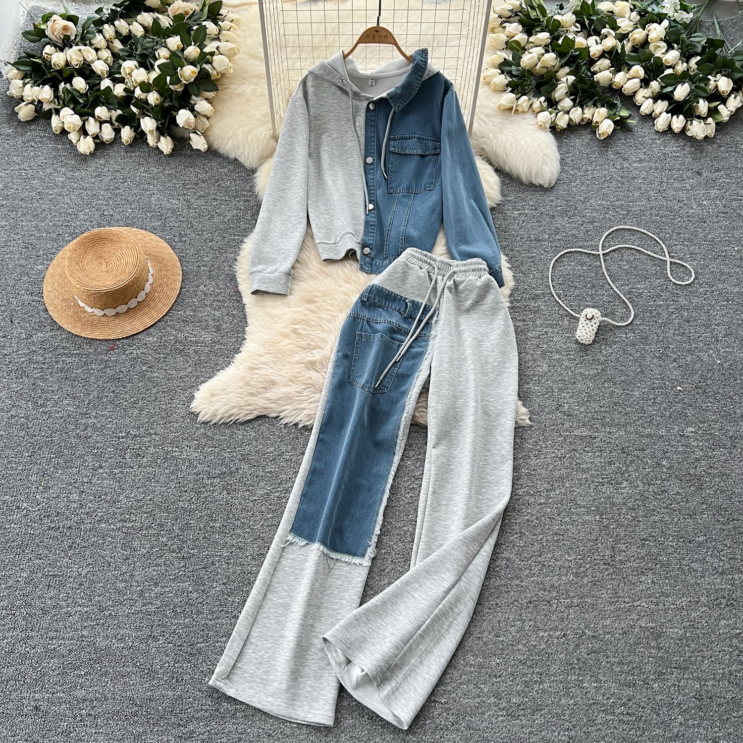 Ensemble pantalon femmes deux pièces ensembles à capuche ensembles assortis décontracté hauts amples jambe large pantalons longs taille élastique à lacets épissure Denim 2025