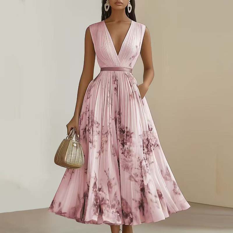 Femmes col en V sans manches fête drapée Maxi robes Vintage élégant bureau robe trapèze florale pour les femmes dame Chic robe de soirée