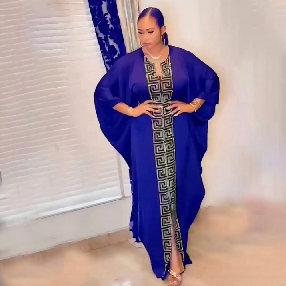 Robe de style africain pour femme grande taille, manches chauve-souris, style musulman islamique, imitation soie, strass thermocollés
