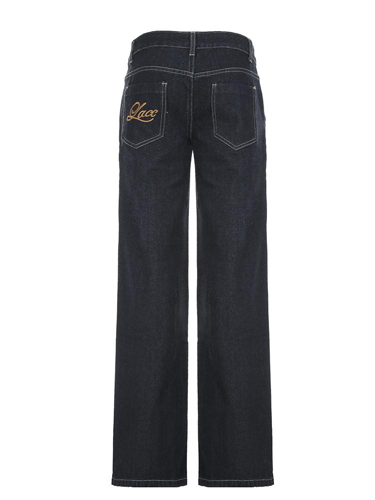 Jean évasé coupe cintrée pour femme Y2K Pantalon en denim extensible taille basse vintage avec broderie style vieilli pour les tenues de tous les jours