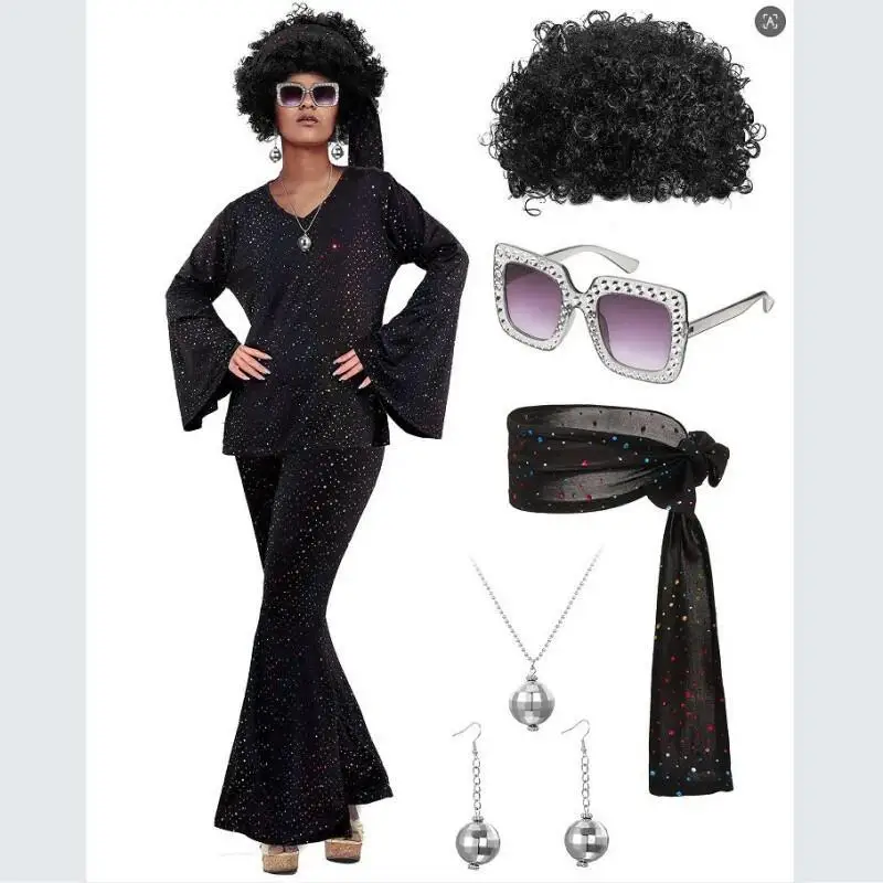 Costume de fête disco années 70 pour femme : haut, pantalon, lunettes de soleil, collier, boucles d'oreilles, perruque pour Halloween, Pâques et déguisements