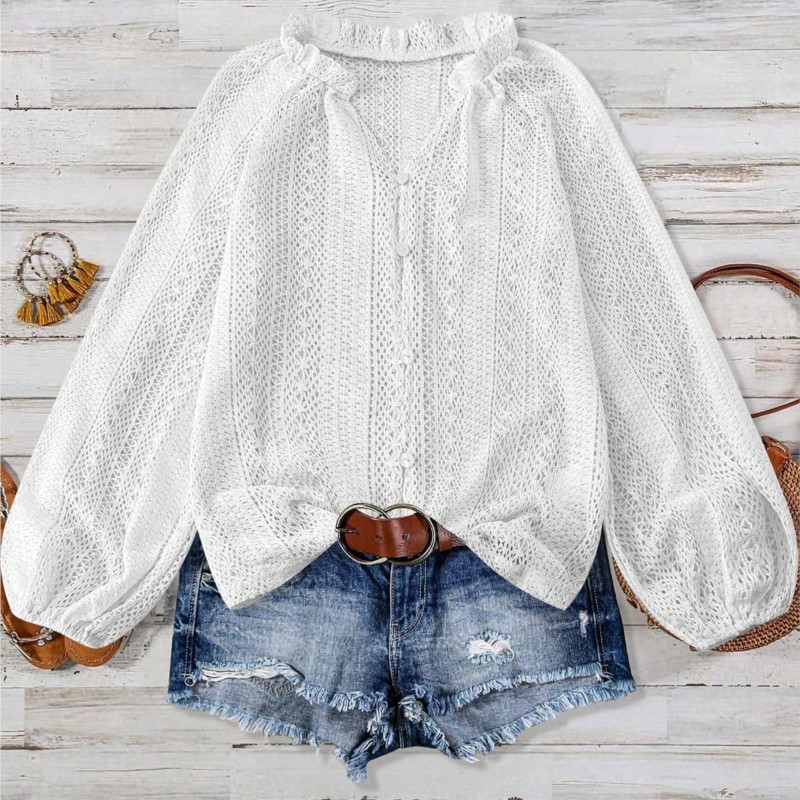 Chemisiers pour femmes printemps et automne nouvelle mode ample Simple tout-Match dentelle creuse col en v Simple cassé à manches longues femmes chemises