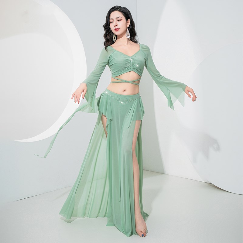 Costumes pour femmes adultes, robe de danse orientale en corne, manches longues, strass scintillants, jupe brillante, Sexy, fente latérale, carnaval fantaisie, nouveau