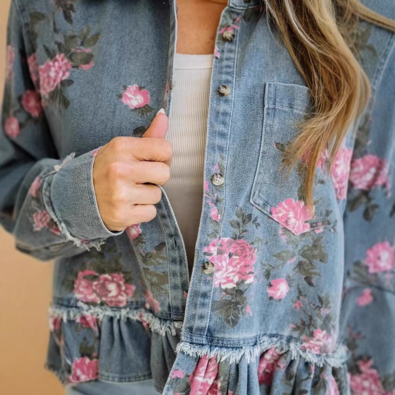 Blouse Chemise Veste Femme Vintage en Denim Délavé Imprimé Floral Coupe Ample Manches Longues Décontractée Tendance Polyvalente Créateur