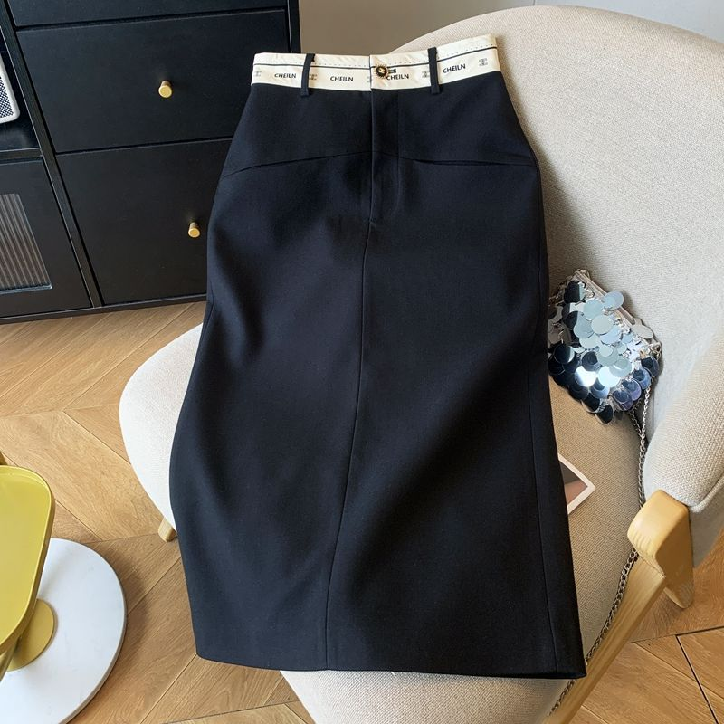 Jupe midi noire taille haute pour femme, jupe crayon moulante avec ceinture contrastante, jupe élégante pour le bureau