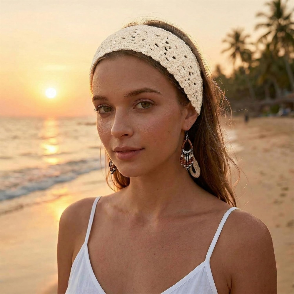 Bandeau Bohème Floral Fait Main au Crochet, Foulard Cheveux Couleur Unie, Bandeau Tricoté Creux