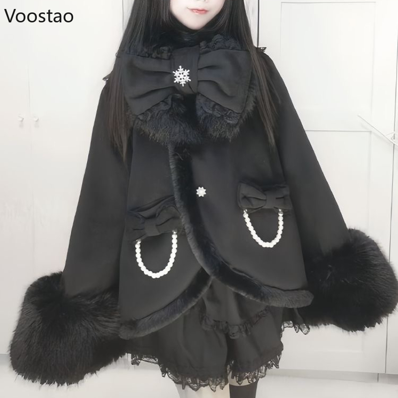 Automne hiver japonais Lolita Bow écharpe veste femmes gothique noir en peluche Patchwork laine châle pardessus femme Vintage manteau hauts