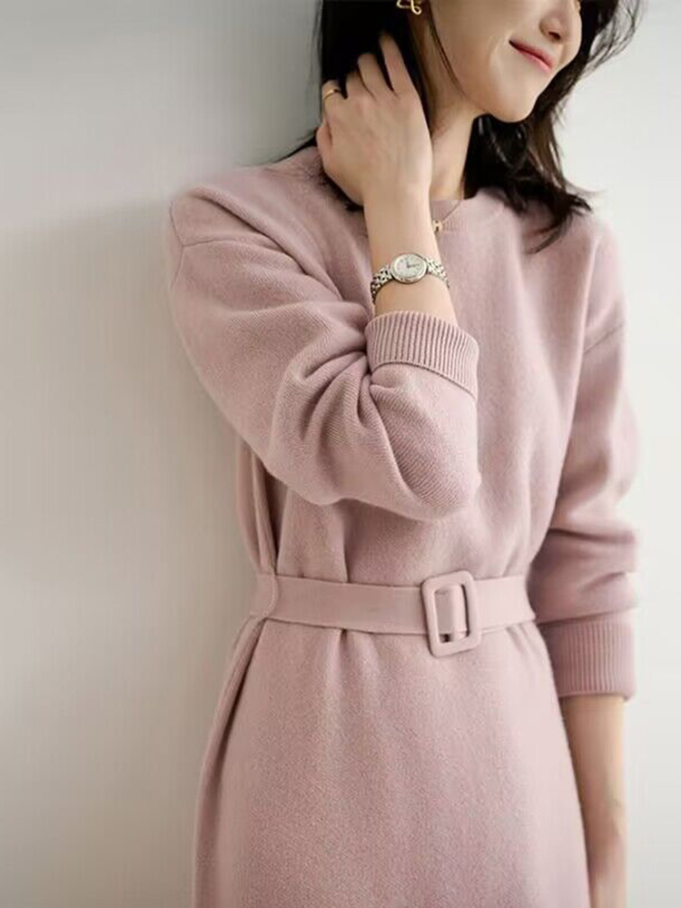 Robe tricotée mi-longue pour femmes, col rond, manches longues, tenue de soirée élégante, rose, gris, ligne a, pull, automne hiver 2023