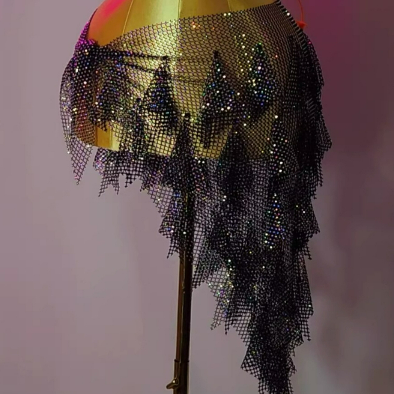Costume de danse du ventre pour femmes, pierres AB avancées, chaîne de taille orientale, pompon, fesses, jupe écharpe de danse du ventre féminine