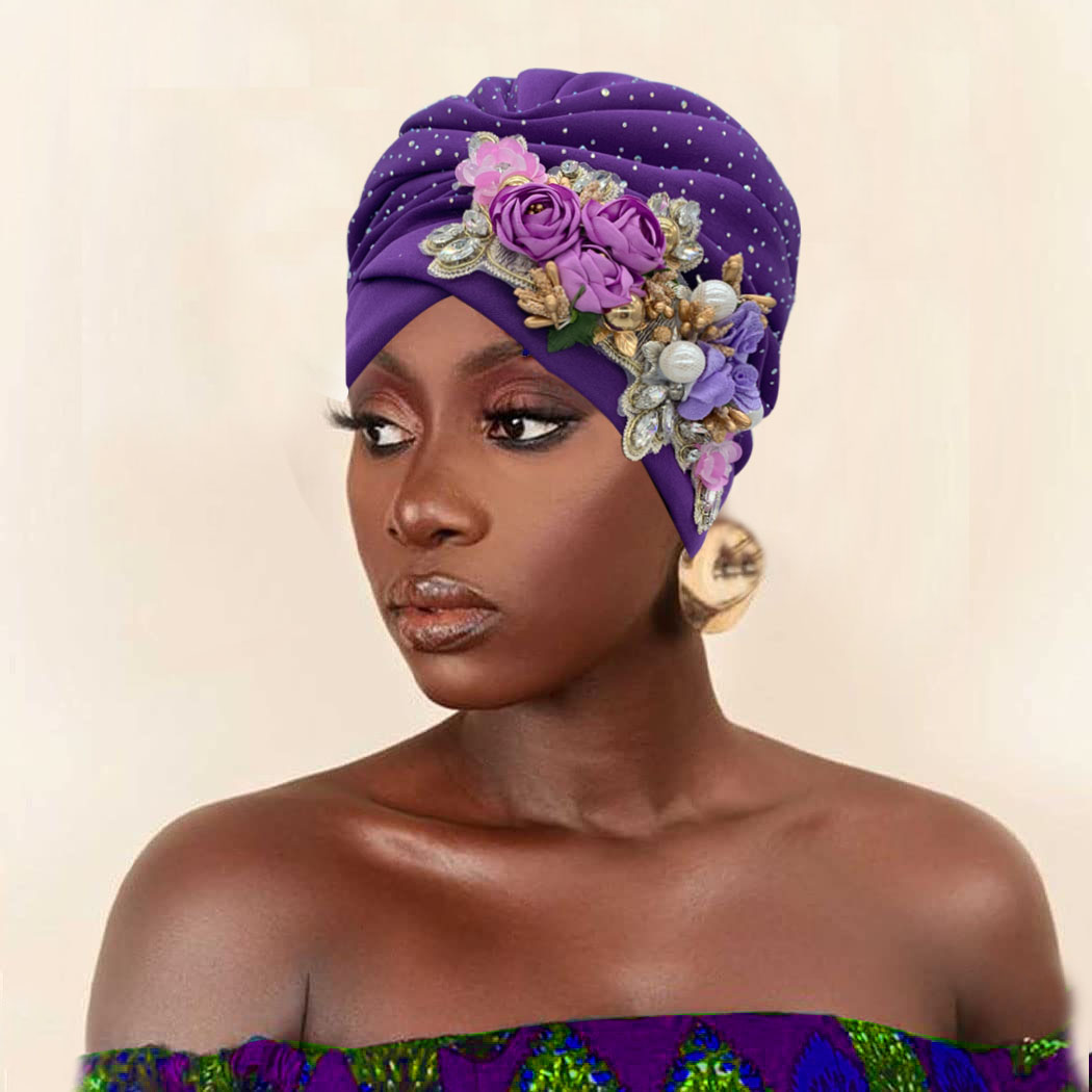 Nouveau Turban Africain Scintillant pour Femme, Coiffe de Fête, Foulard Musulman, Bonnet, Chapeau 2023 avec Bouquet de Strass