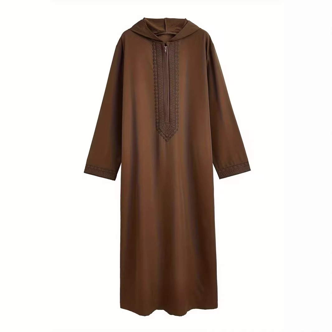 Robe longue pour homme, style Jubba Thobe, brodée, à capuche, Abayas, style Moyen-Orient, musulmane, unie, modeste, Maroc, Dubaï, avec empiècements, printemps, décontractée