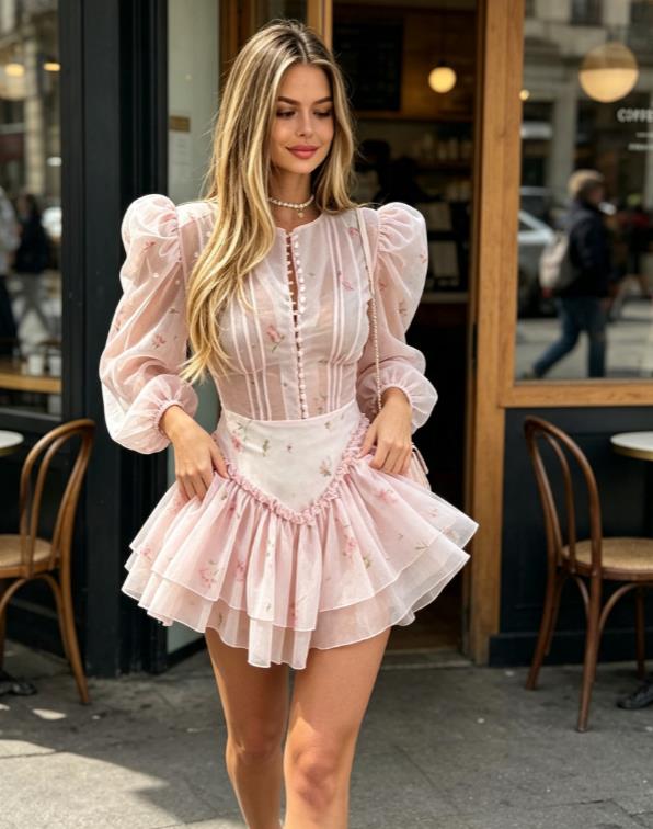 Robe courte en mousseline de soie transparente à fleurs roses pour femmes, manches longues bouffantes, fermeture éclair au dos, taille haute, volants superposés, tenue de vacances