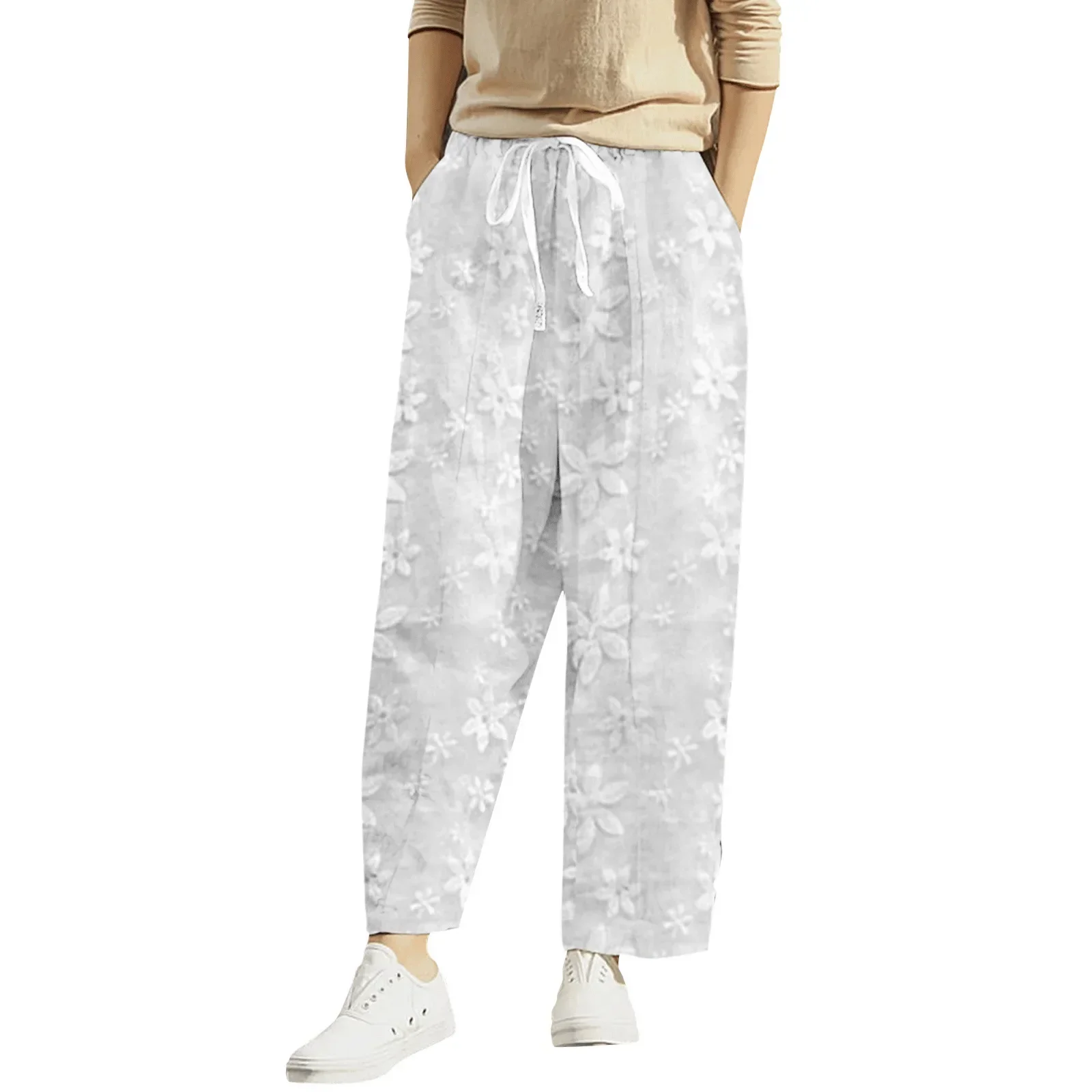Femmes broderie pantalon été nouveau pantalon décontracté blanc taille élastique dame Sreet poche cheville-longueur vêtements