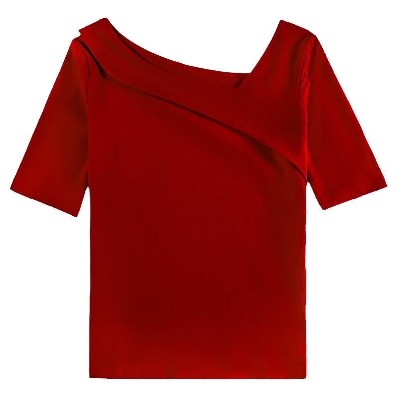 Vêtements pour femmes T-Shirts basiques hauts dame mince à manches courtes col incliné gaine Blouse hauts SS055