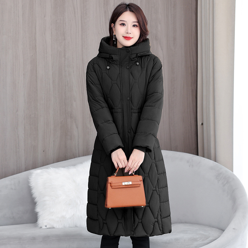 2025 mode hiver manteaux longs Parkas femmes vers le bas coton rembourré veste épaissir chaud pardessus diamant Texture vêtements d'extérieur à capuche
