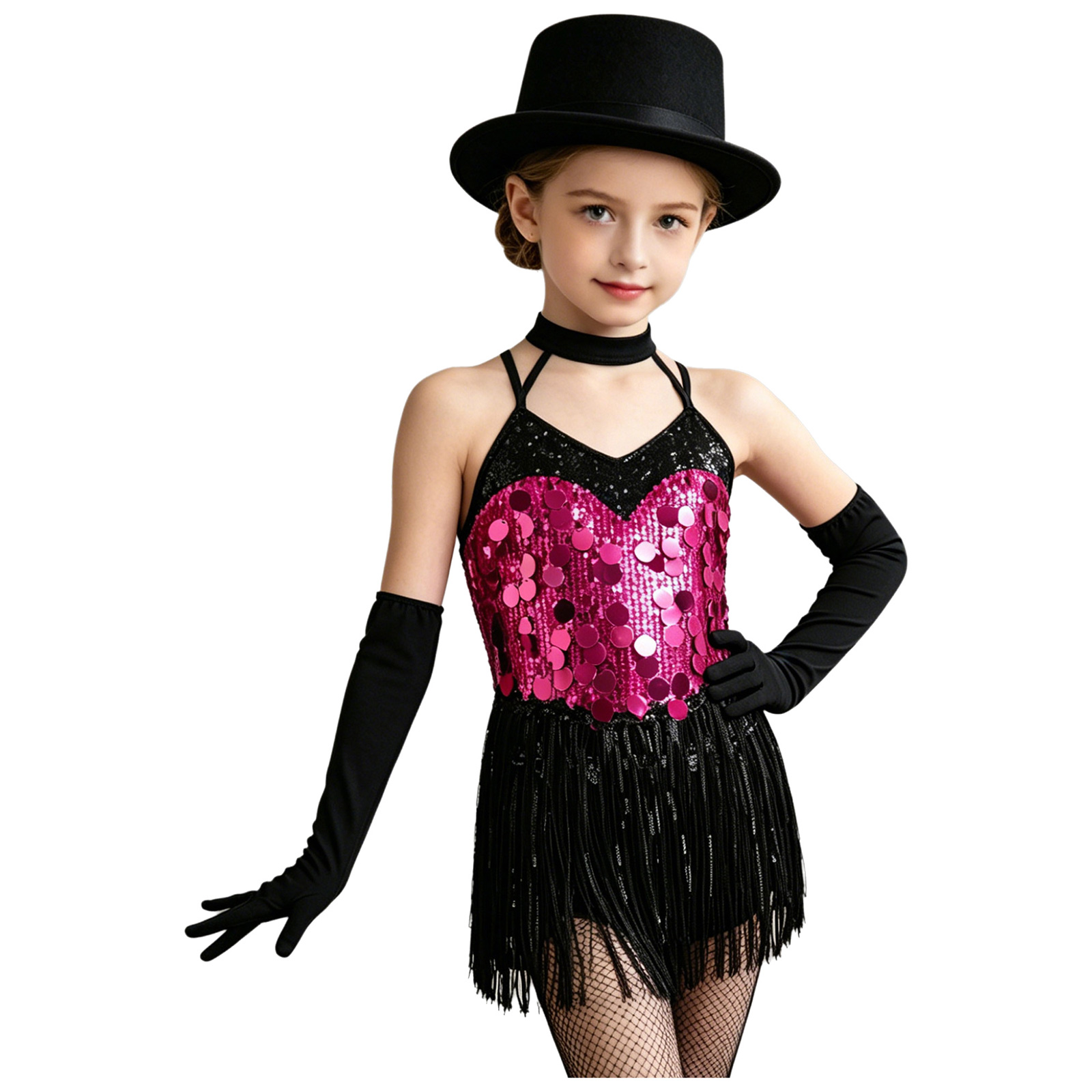 Costume de danse moderne pour enfants : Jazz, Latin, Samba, Rumba, Salsa – Justaucorps de ballet à sequins et jupes à franges avec gants pour filles