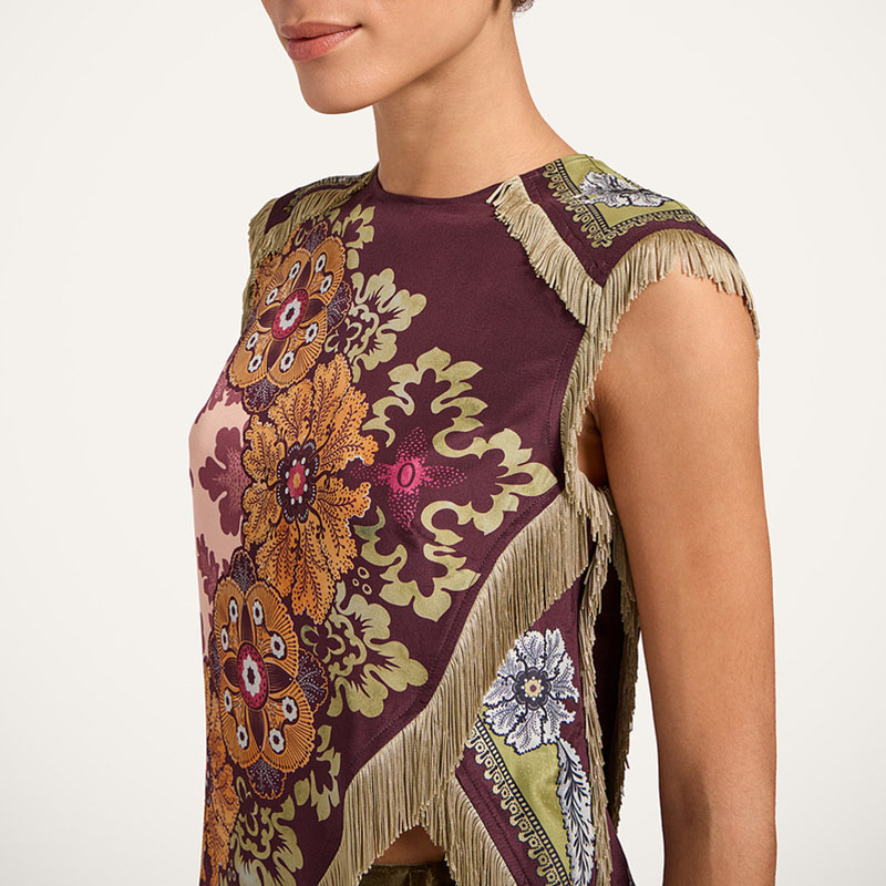 Ethnique Vintage imprimé fleuri femme vêtements élégant col rond gland croix fendu haut irrégulier été sans manches fermeture éclair Blouse chemises