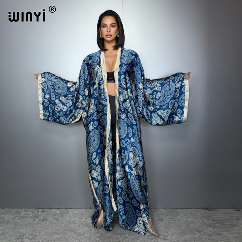 WINYI Kimono Abaya pour femmes africaines, Cardigan musulman pour femme, Kaftan classique à imprimé cachemire, Robe bohème décontractée pour la plage