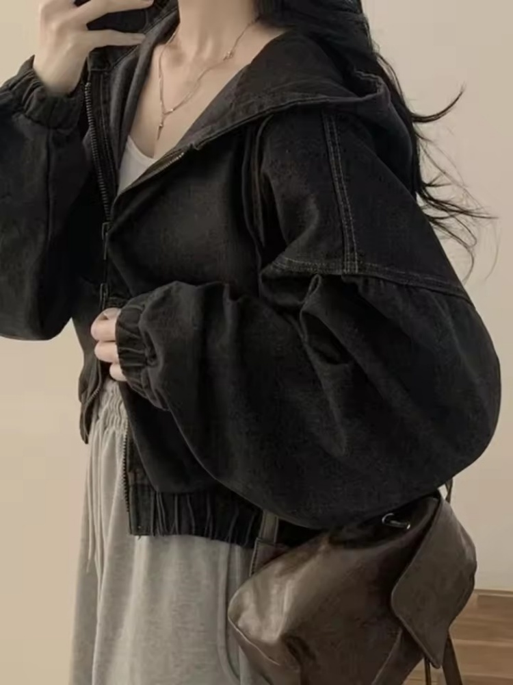 Veste courte en jean pour femmes, ample, manches longues, décontractée, mode automne, rétro, fermeture éclair, sweat à capuche, vêtements d'extérieur polyvalents