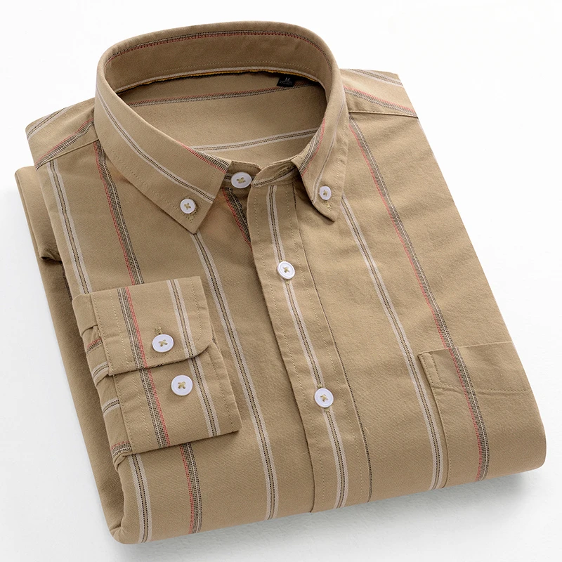 Chemises décontractées à manches longues pour hommes, tendances coréennes, coupe ajustée, chemise unie 100% coton, hauts à carreaux et rayures, vêtements de créateur doux