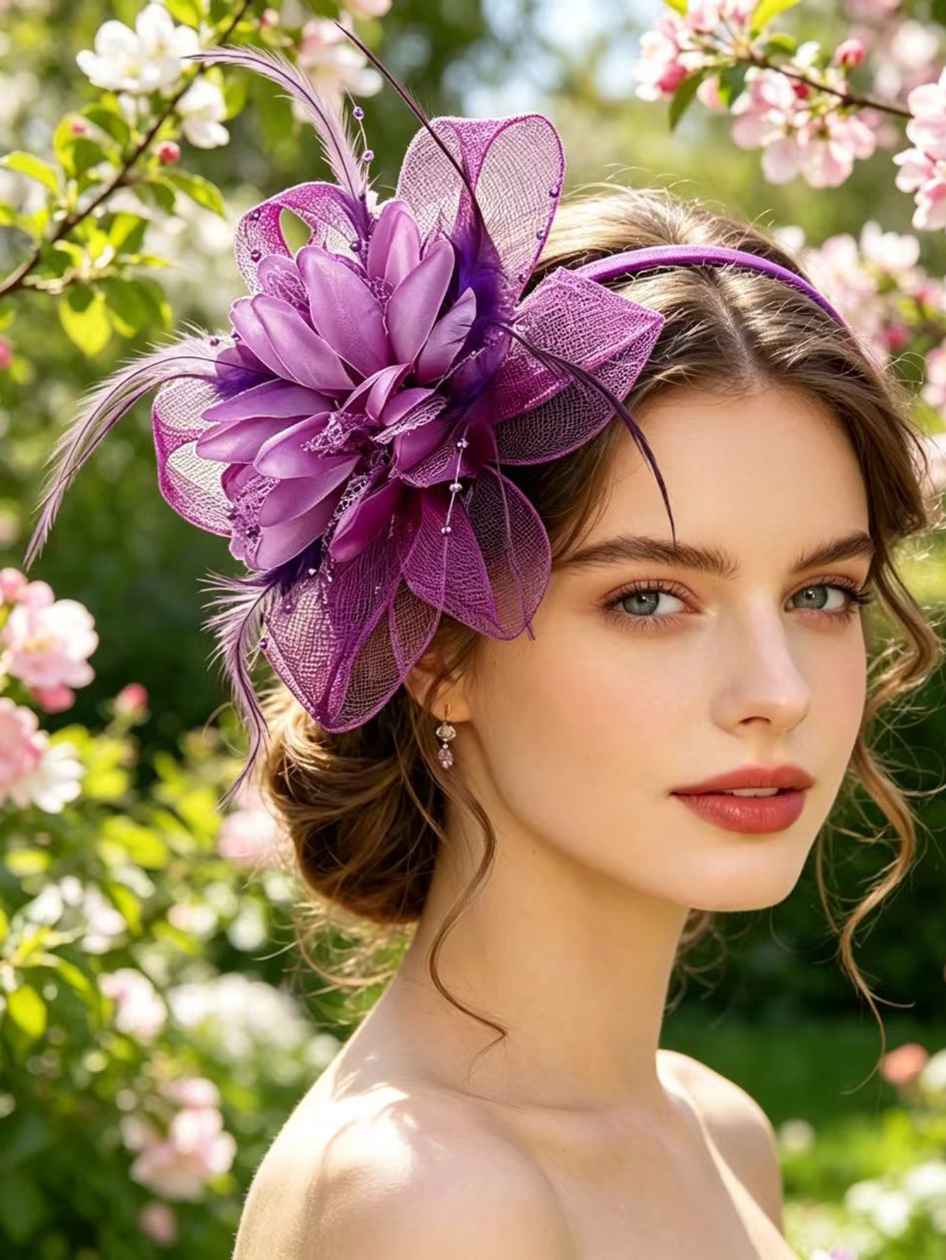Serre-tête en maille orné de fleurs et de plumes, style rétro, pour banquet, chapeau de mariée, cheongsam, club de course, fête