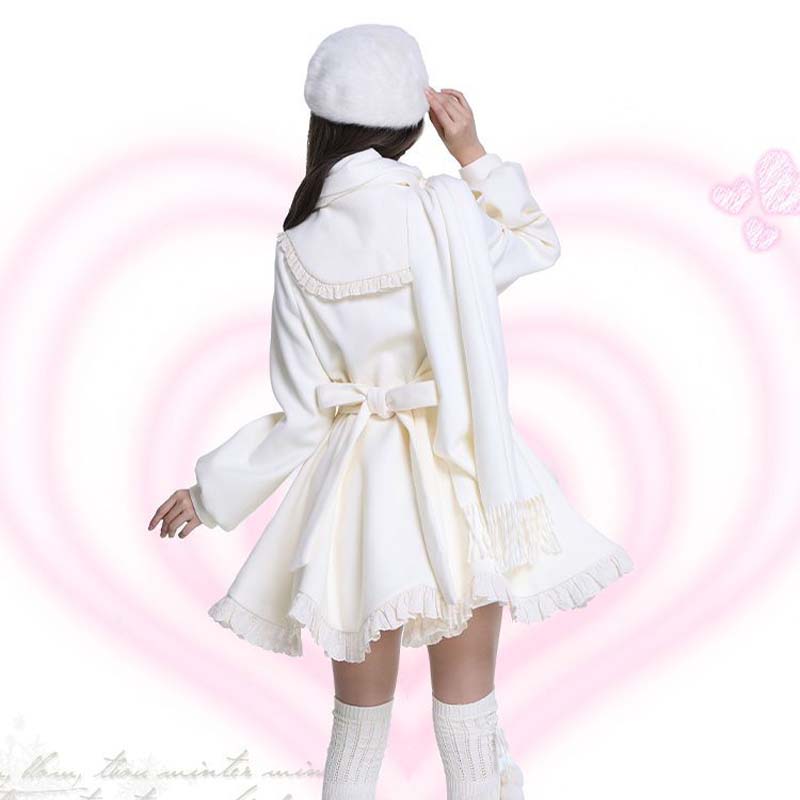 Manteau en laine mi-long avec nœud mignon japonais Kawaii, col en fausse fourrure, veste en laine pour filles et femmes, pardessus chaud d'hiver