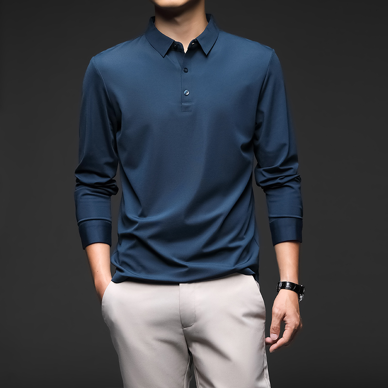 Minglu – Polo à manches longues en soie pour homme, haut de luxe, couleur unie, style décontracté, idéal pour le Golf, le printemps et l'automne