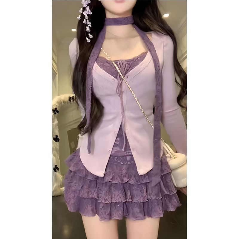 Ensemble 2 pièces pour femmes, Mini jupe, manches longues, Coquette, hauts fins, Y2k, Kpop Girl, tenues esthétiques des années 2000, costumes Vintage