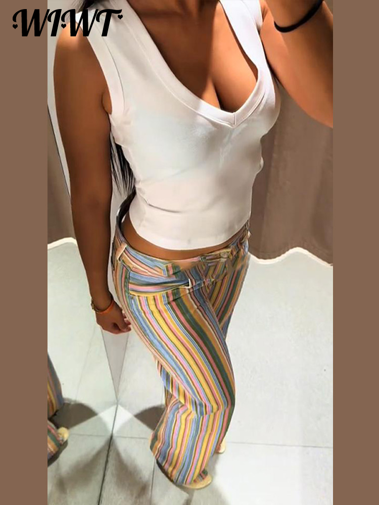Jean rayé coloré 2026 Nouveau pantalon en denim long décontracté pour femme à taille basse, coupe large et poches contrastantes