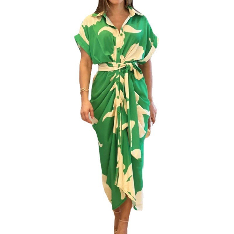 Robes Élégantes pour Femme 2026 – Robe Imprimée Irrégulière à Col Revers et Lacets, Coupe Slim Contrastante, Idéale pour le Travail et les Occasions Spéciales