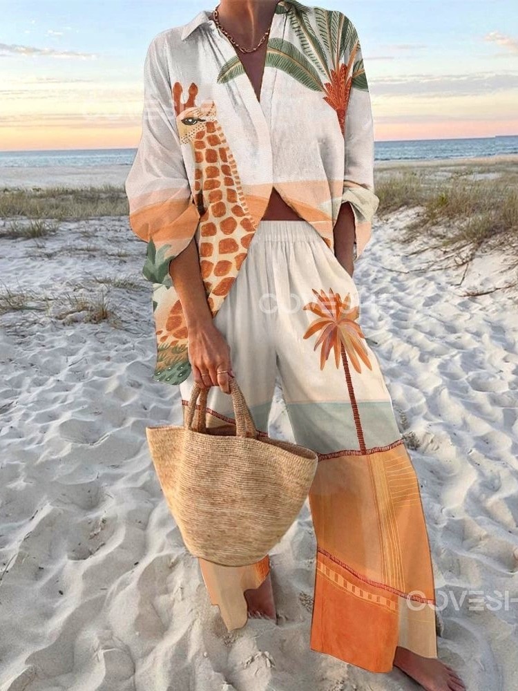 Ensemble de vacances d'automne pour femmes, chemise imprimée à manches longues + pantalon à jambes larges, ensemble 2 pièces pour femmes, vêtements Boho, nouvelle collection