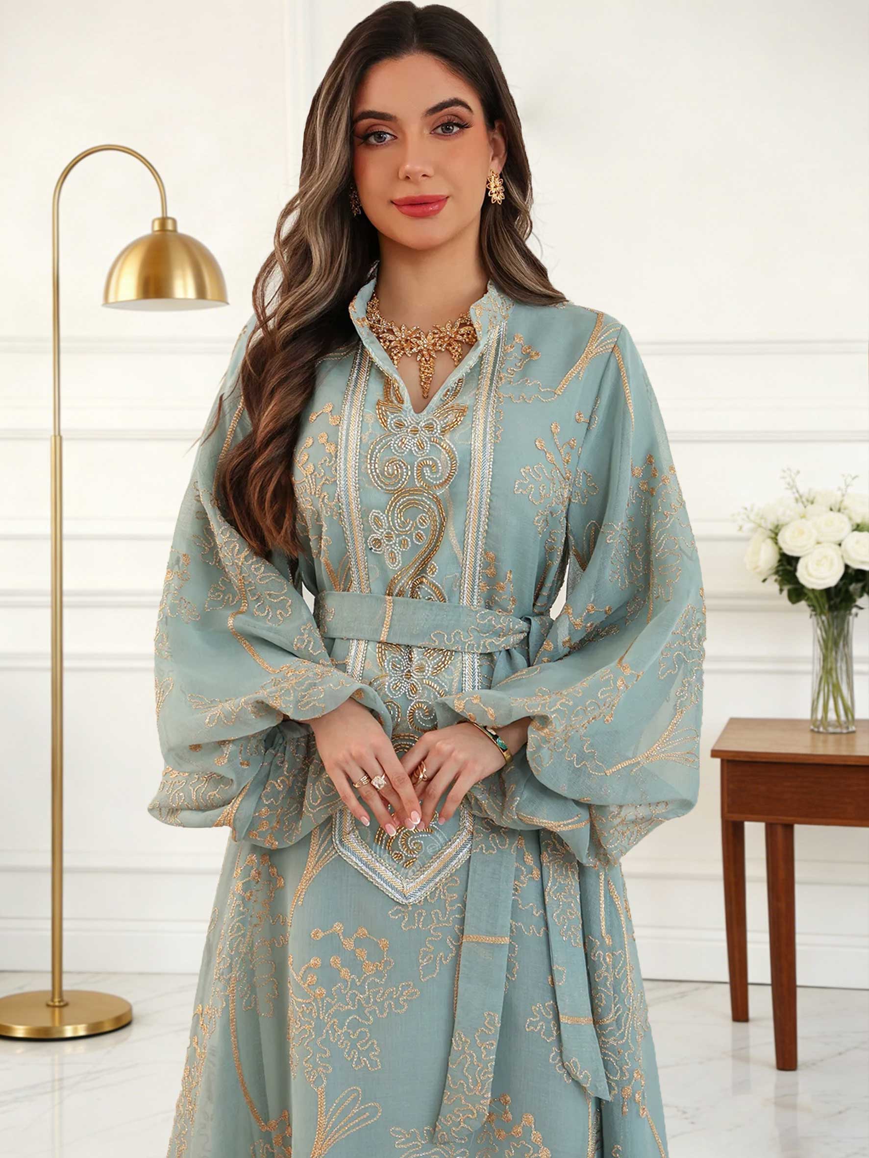 Robe Abaya Islamique Modeste pour Femme, Broderie Florale Dorée, Style Marocain, Ceinture Décontractée, Manches Ballon, Longue et Élégante