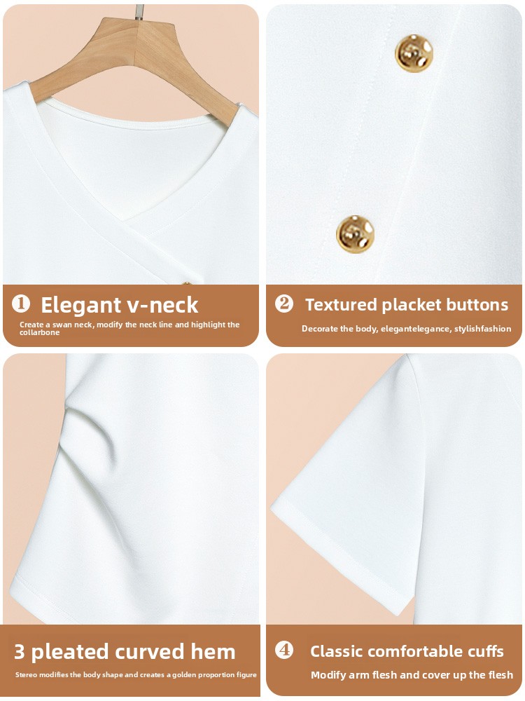 T-Shirt blanc à la taille pour femmes, Style français, col en V, manches courtes, chemisier à la mode, été 2025