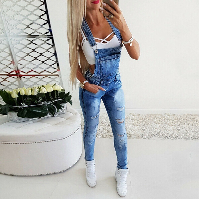 Europe et états-unis mode Y mot large bande Sexy bretelles pantalon femmes quatre saisons nouveau lavé déchiré Denim combinaison