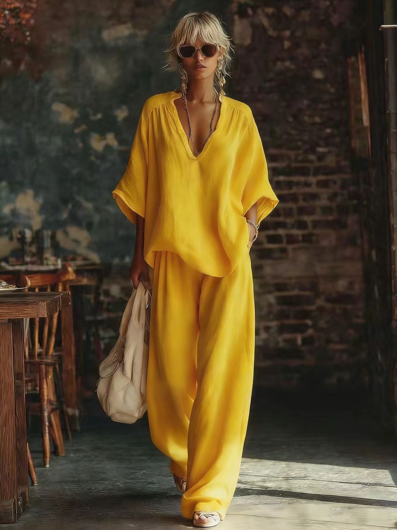 Ensemble de vêtements pour femmes, haut à manches courtes à col en V, pantalon large, style décontracté, pour le printemps et l'été, ensemble de 2 pièces pour les vacances