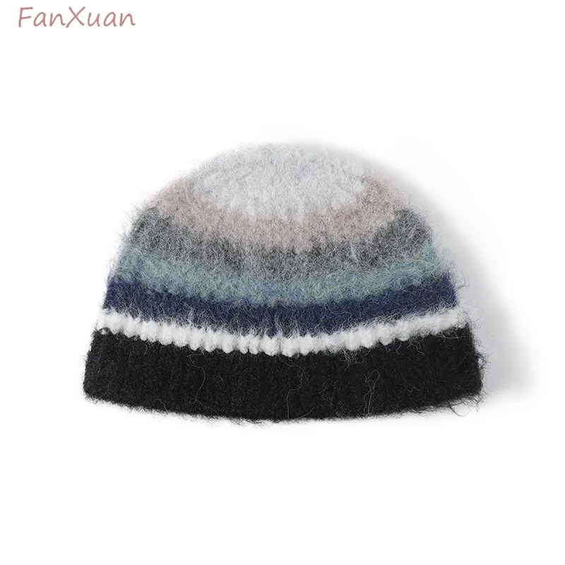 Bonnet en tricot à rayures arc-en-ciel pour femmes et filles, Streetwear Y2K, Bonnet en laine, Bonnet de poisson en peluche, Dégradé, Mode hivernale