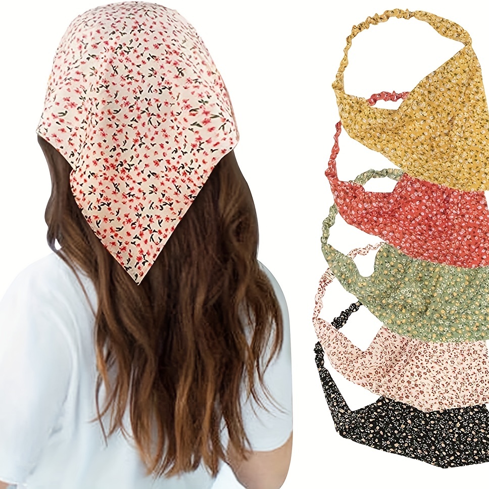 Lot de 5 bandeaux floraux bohèmes – Foulard triangulaire élastique en mousseline pour femmes et filles – Accessoire capillaire élégant pour toutes les occasions