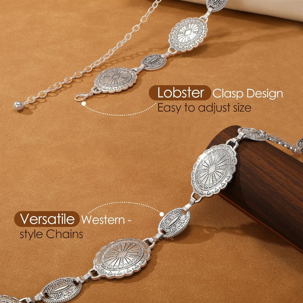 Ceintures à chaîne bohème pour femmes, pour jeans, robes, ceinture à chaîne de taille en argent western avec concho pour femmes, ceinture de cow-girl en métal réglable