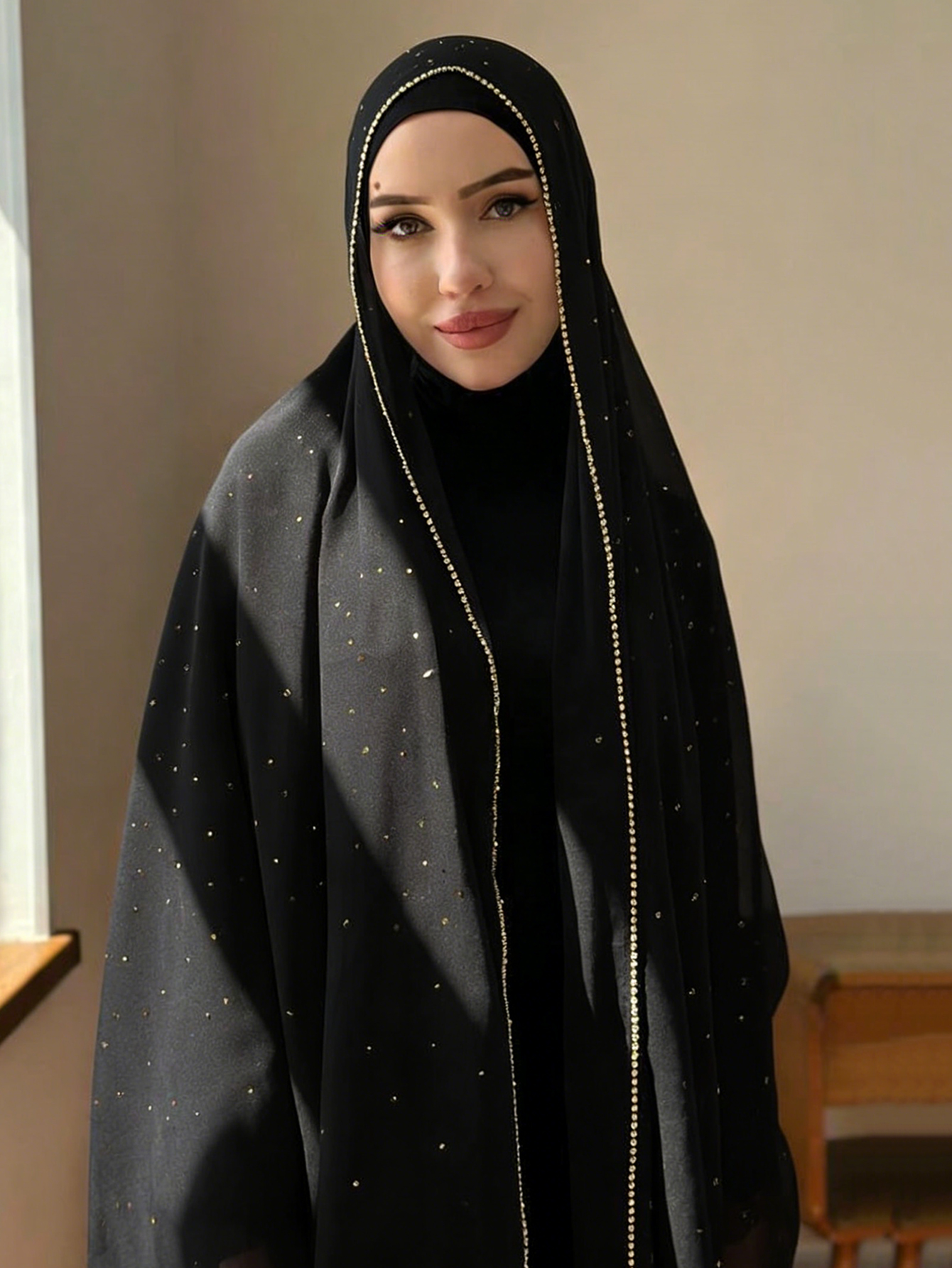 Hijab modeste en mousseline de soie avec strass et fermeture éclair dorée, foulard islamique pour femmes, idéal pour les fêtes, mariages, Ramadan et l'Aïd