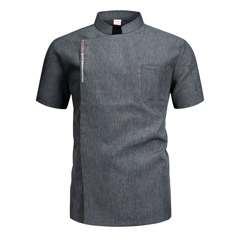 Veste de cuisine d'été pour homme, chemise blanche, uniforme de restauration, tenue de travail pour barbier, veste de boulanger à manches courtes, noir, gris