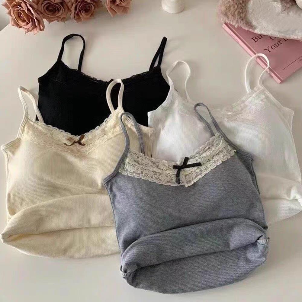 Hauts à bretelles en dentelle tricoté, haut court doux, vêtements en tricot, débardeur Sexy Slim pour femmes, couleur unie, Camisole à nœud court, vêtements
