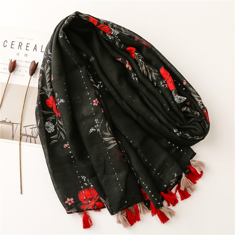 2026 automne belle noir Floral paillettes gland Viscose châle écharpe haute qualité impression doux Foulards musulman Hijab Sjaal 180*90Cm