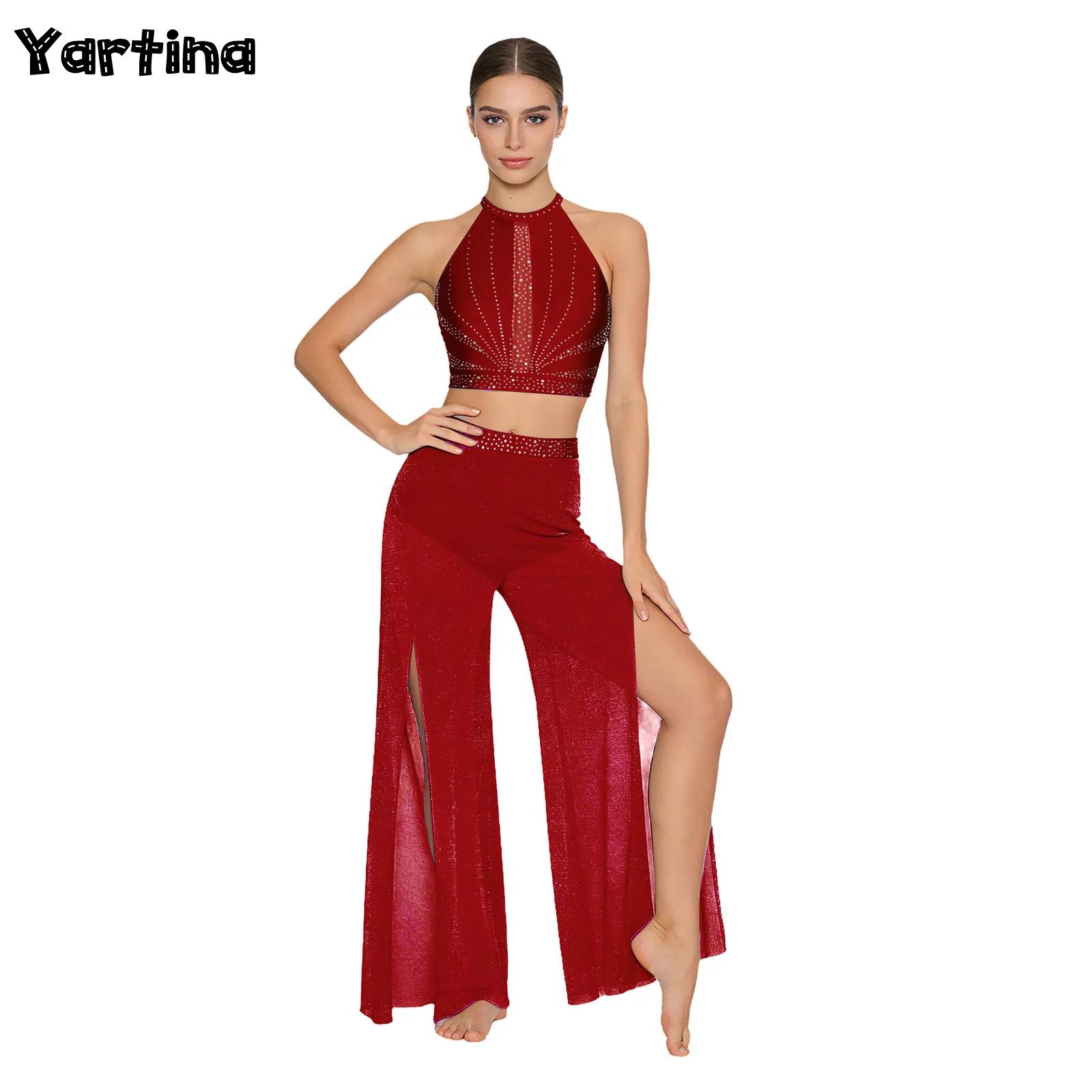 Tenue de danse lyrique pour femmes, costume de performance avec strass, débardeur ajouré et pantalon large en maille scintillante