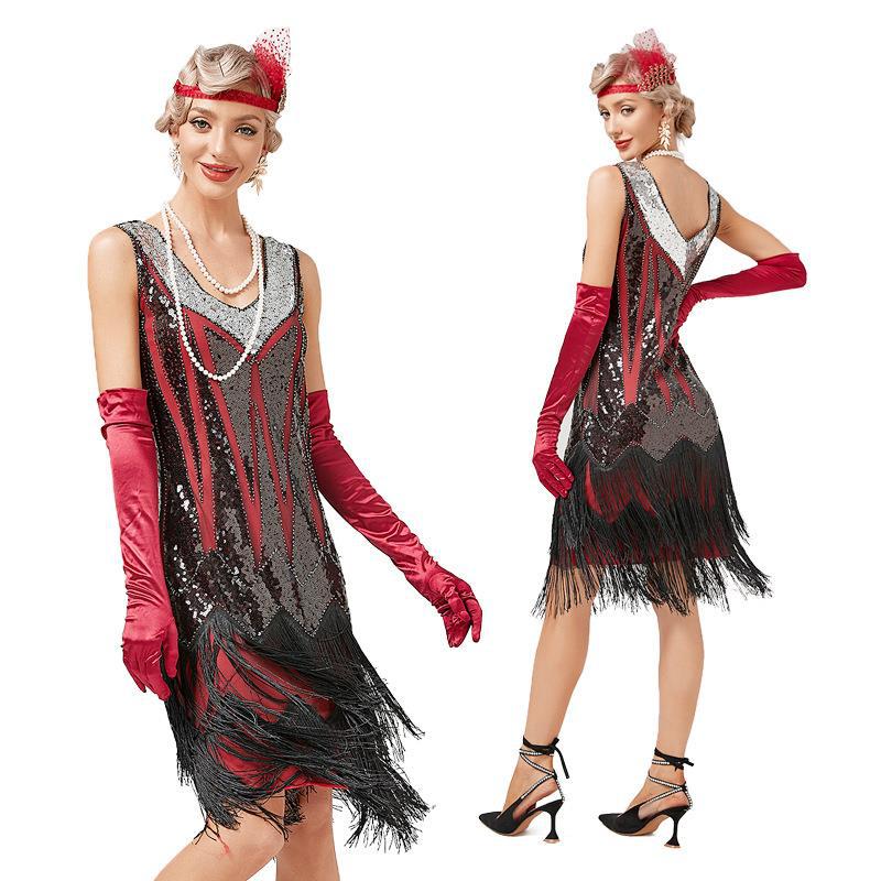 Robe de cocktail évasée à franges pour femmes, jupe longue, grande robe de soirée, paillettes de fibrine, pompon, vintage, testostérone, années 1920, été