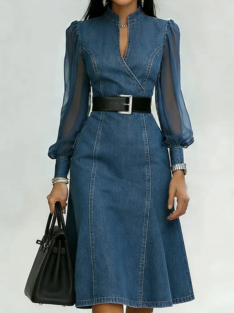 Robe longue en jean streetwear pour femme, coupe trapèze, avec manches longues bouffantes en tulle, col en V transparent, style vintage, avec ceinture