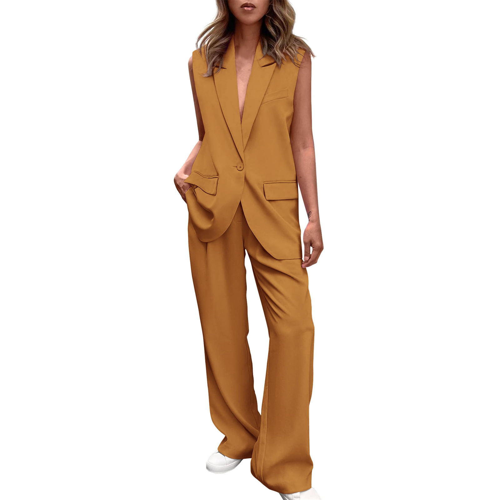 Costumes élégants pour femmes, ensemble 2 pièces, gilet et pantalon, col en v, sans manches, hauts + pantalons à jambes larges, tenues pour femmes, nouvelle collection été 2025