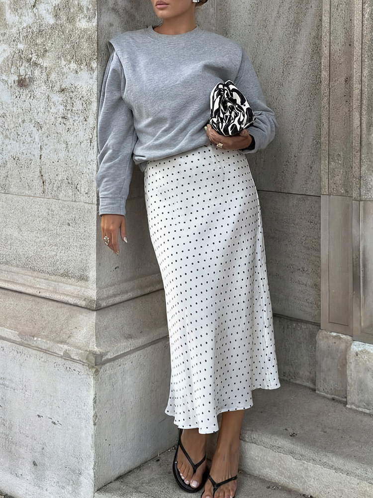 Jupe midi élégante à pois en satin de soie pour femme, collection Printemps-Été 2026, taille haute, coupe ajustée, idéale pour les soirées