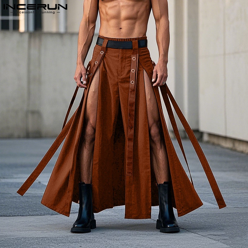 Hommes jupes solide pantalon irrégulier taille élastique surdimensionné fendu pantalon hommes jupes Streetwear 2025 mode hommes bas INCERUN
